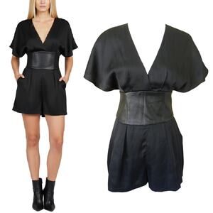 bebe Dressy Romper Black Satin Leather Corset Waist Shorts Night Out Plunge